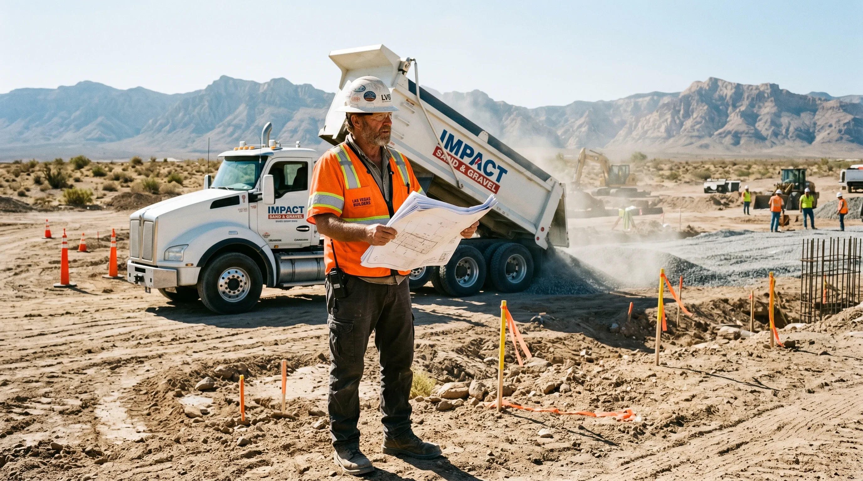 site superintendent with plan set at las vegas commercial jobsite with impact sand and gravel haul truck unloading in background