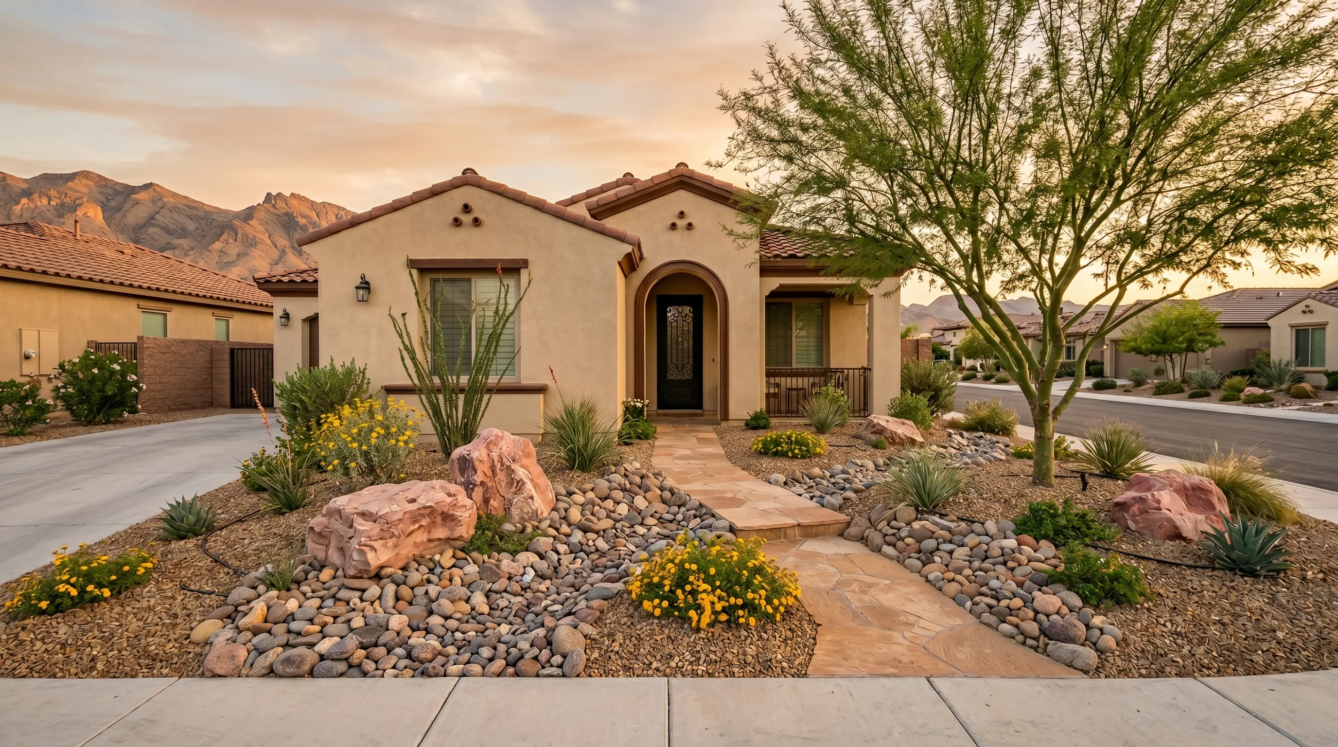 finished xeriscape front yard at a las vegas home with decorative rock desert plants and no lawn