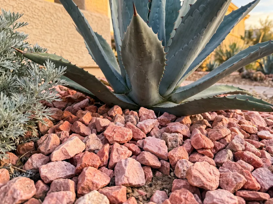 pink rose rock closeup at base of blue agave with silver artemisia las vegas
