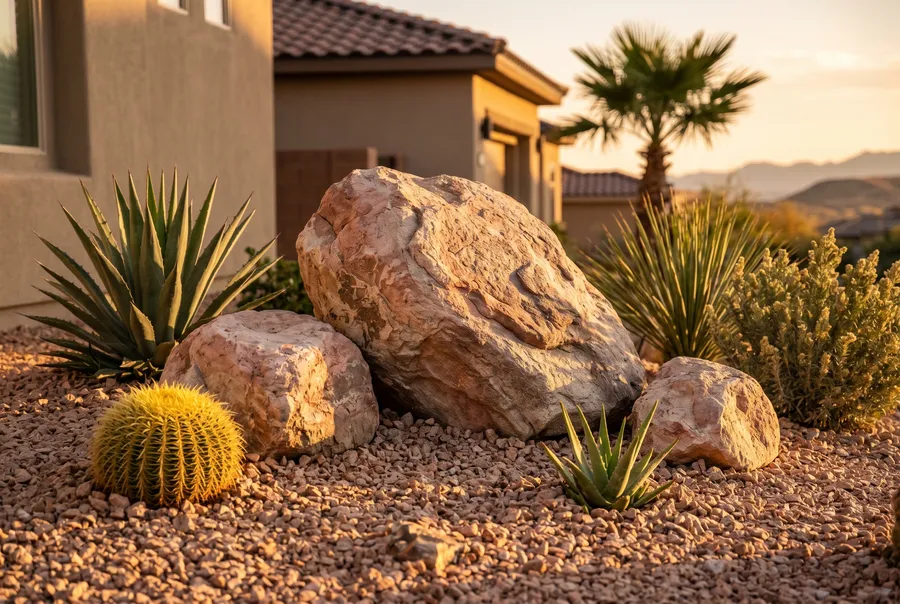 three-boulder cluster grouped in xeriscape with agave and golden barrel cactus las vegas