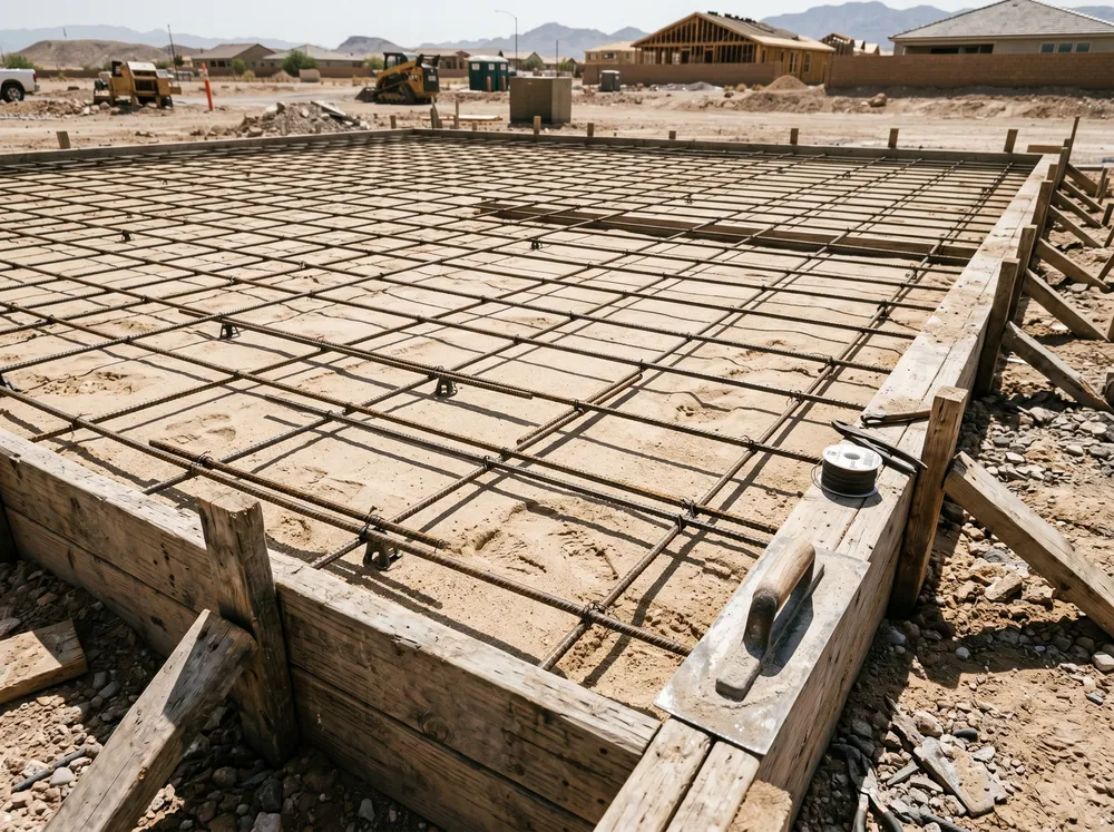 leveled concrete sand bed under rebar grid inside formwork las vegas residential slab