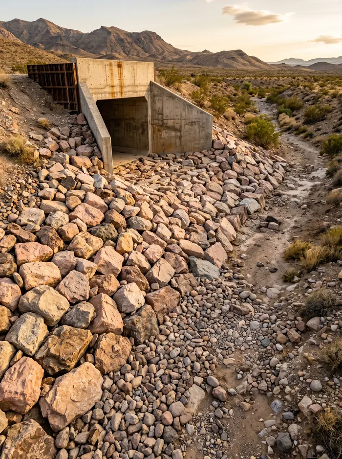 rip-rap erosion armor at concrete box culvert outfall las vegas desert