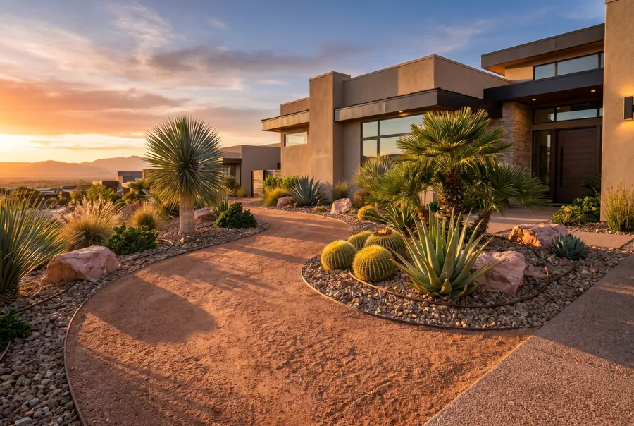 vegas gold decomposed granite pathway winding through modern las vegas front yard xeriscape at golden hour