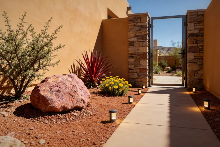 vegas gold decomposed granite with landscape boulders tuscan-desert las vegas home
