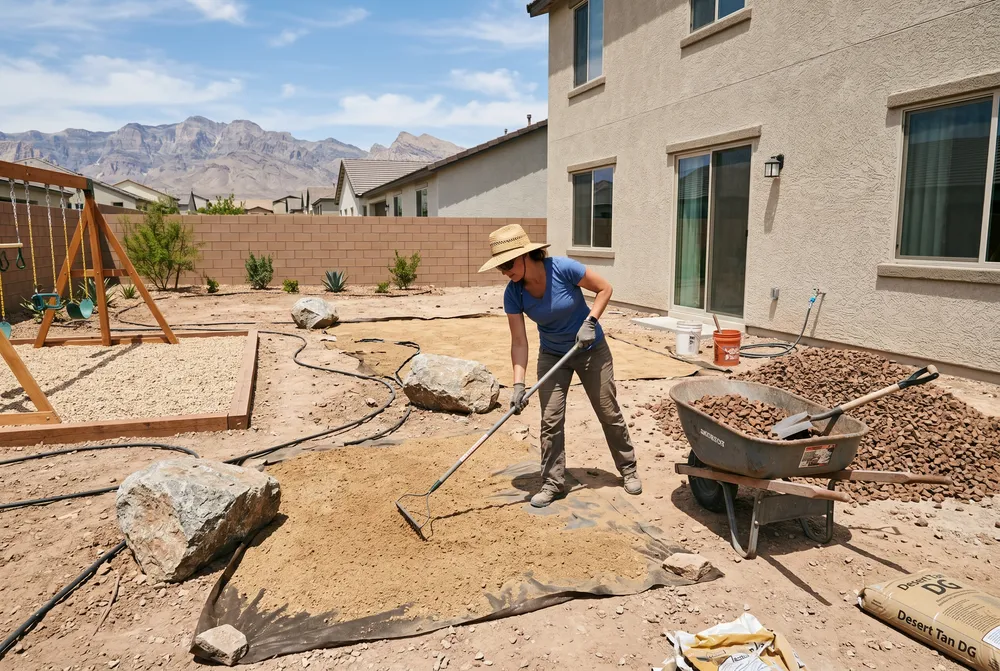 homeowner installing decomposed granite and decorative rock in a new-build mountain's edge backyard las vegas