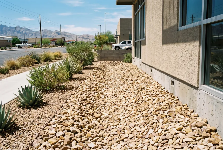 drain rock drainage swale beside commercial building las vegas