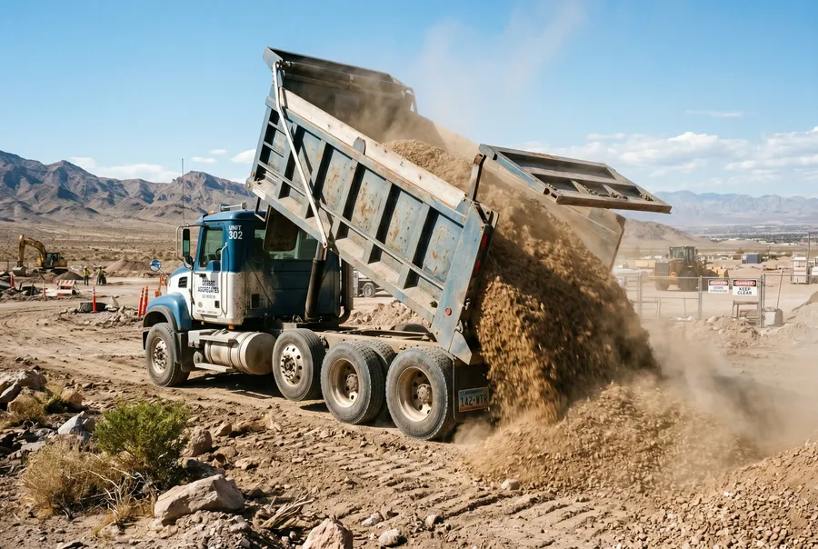 dump truck releasing pit run fill load at desert jobsite las vegas