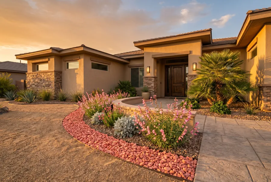 pink rose rock accent band along front entry with pink penstemon flowers and silver plants at las vegas home