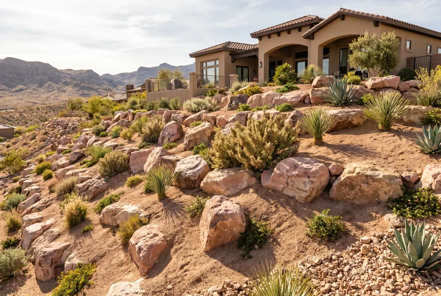 erosion control boulder placement on hillside slope las vegas xeriscape
