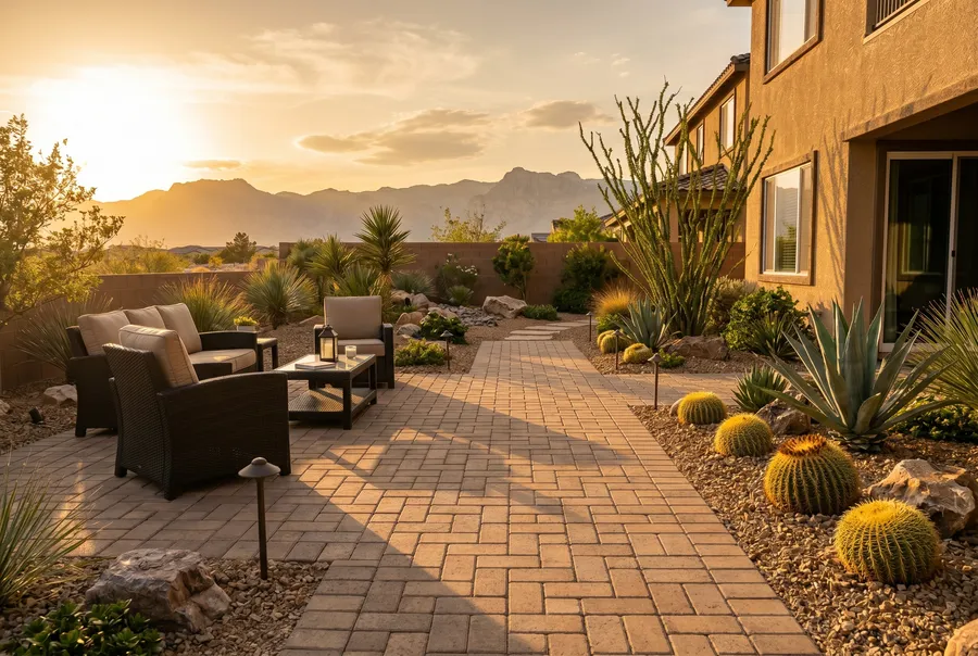 finished residential paver patio golden hour las vegas xeriscape backyard