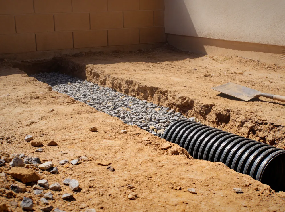 3/4 inch #67 screened rock backfilling french drain trench at las vegas foundation