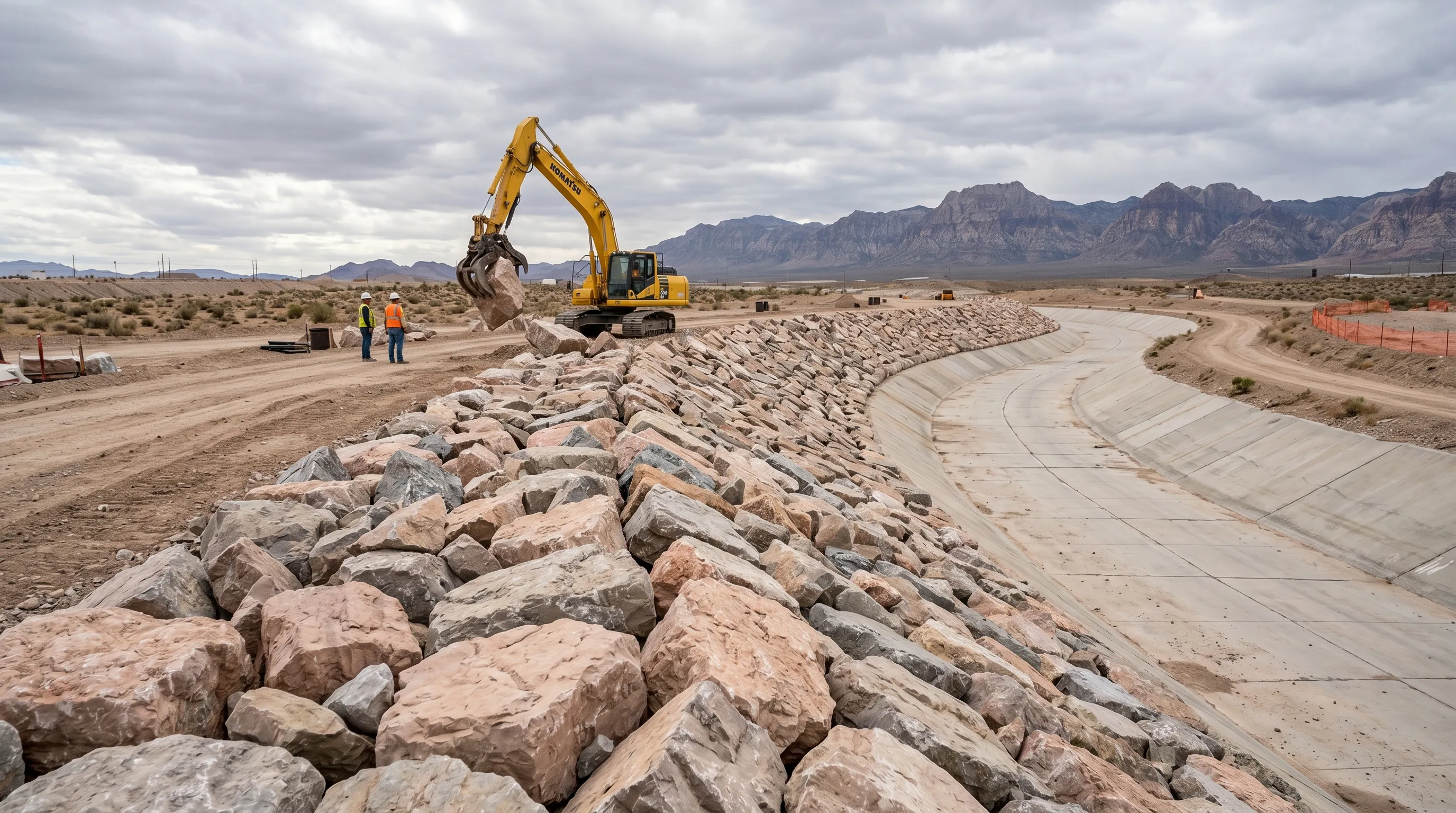 rip-rap erosion control armor on graded slope along flood control channel with spring mountains las vegas
