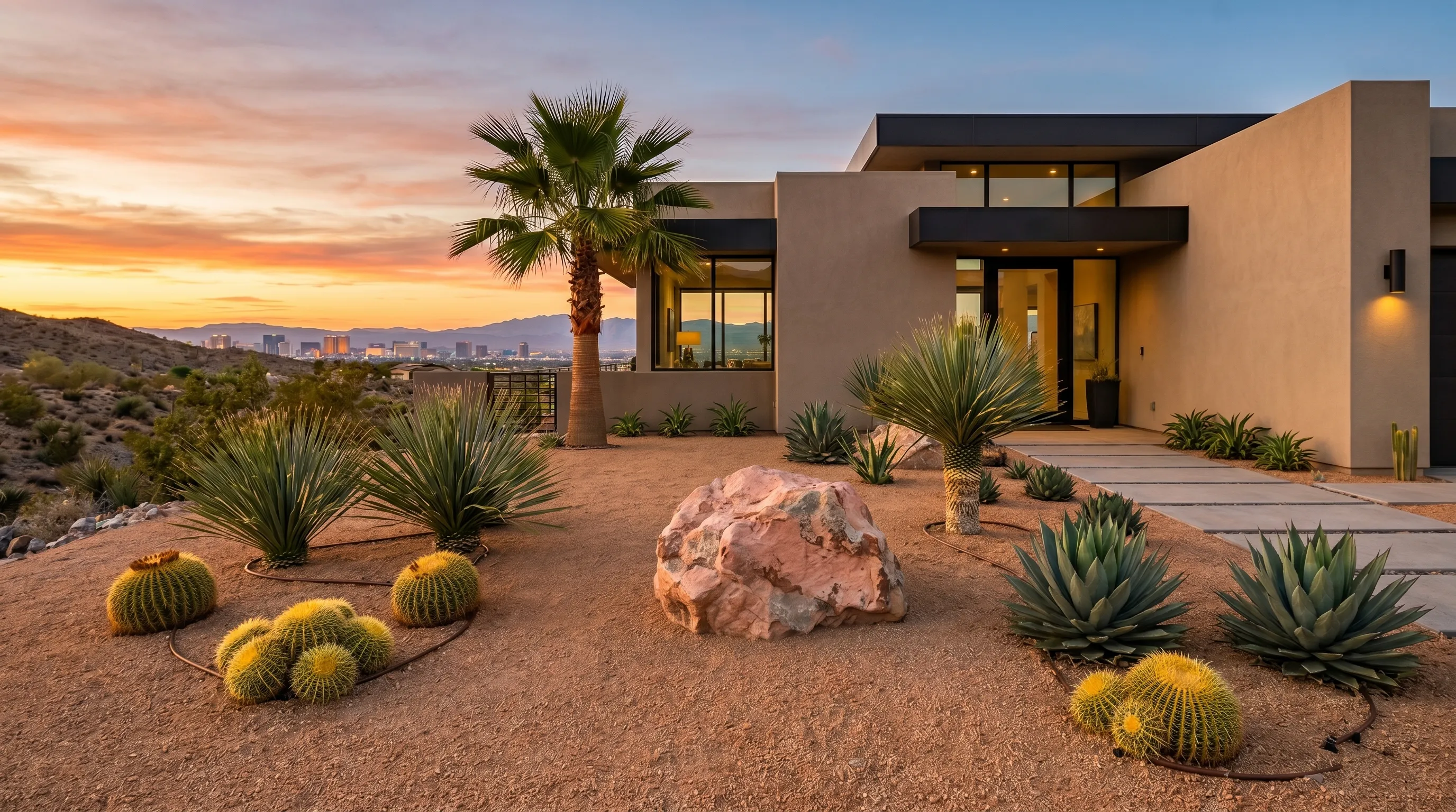 decorative boulder focal point in las vegas xeriscape front yard
