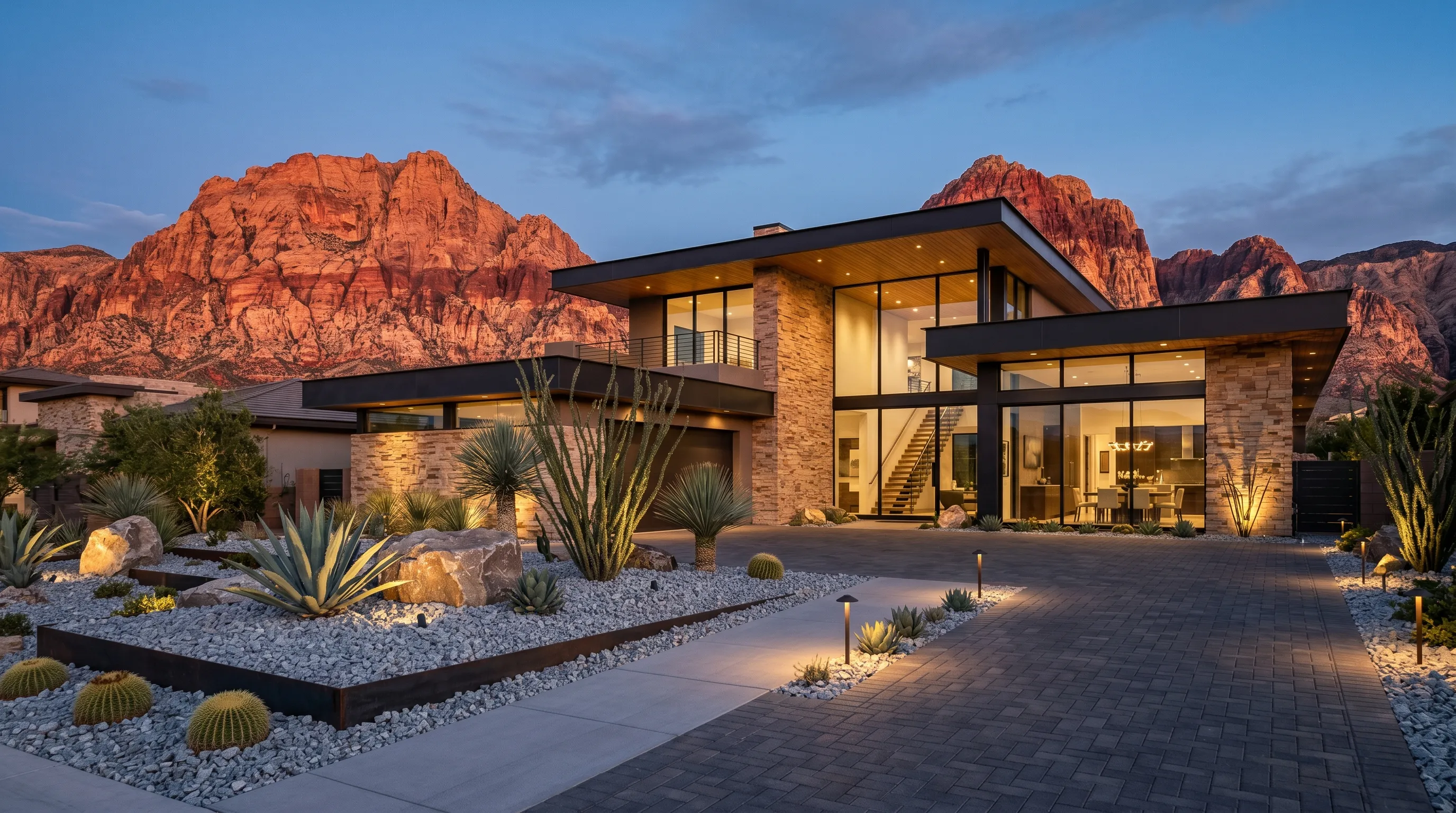 contemporary desert-modern home in summerlin with silver frost decorative rock and red rock escarpment at golden hour