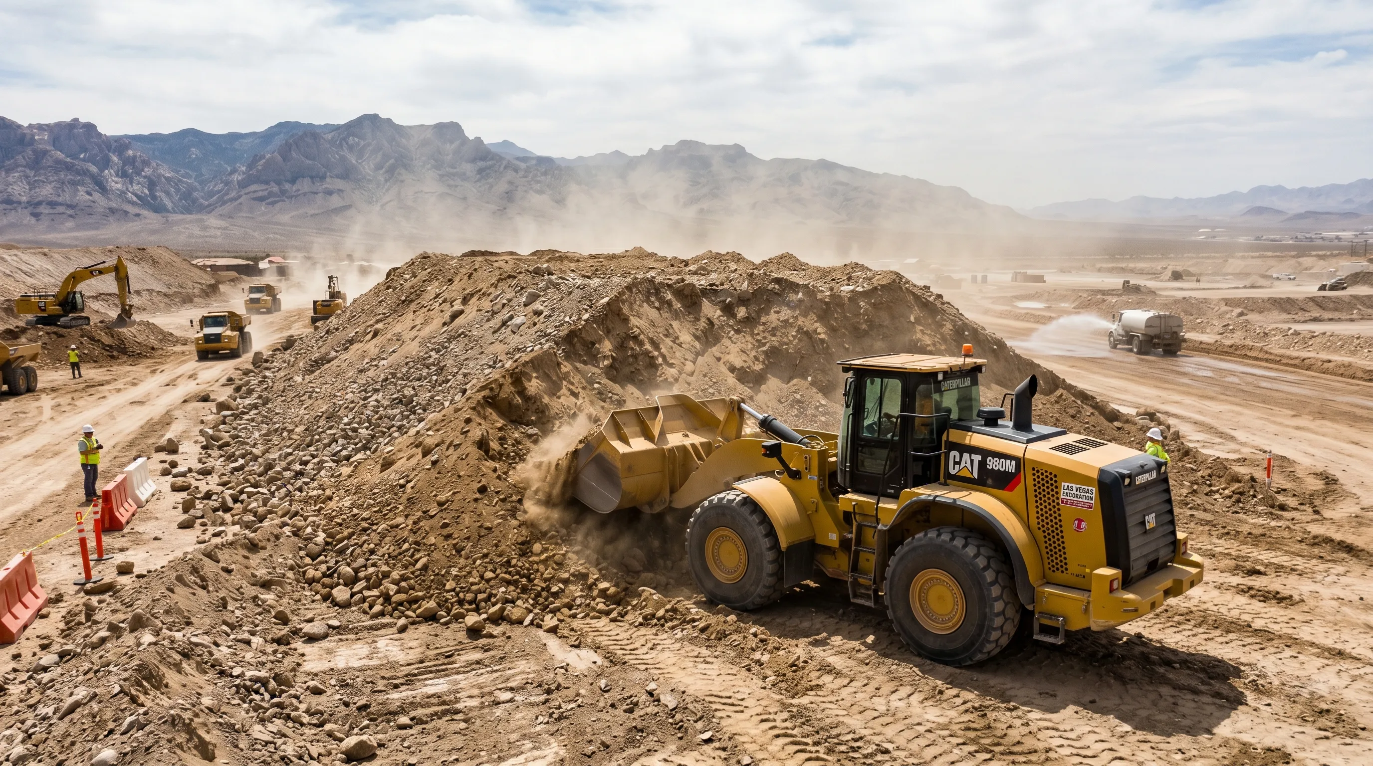 fill dirt pit run stockpile with caterpillar wheel loader at las vegas desert jobsite