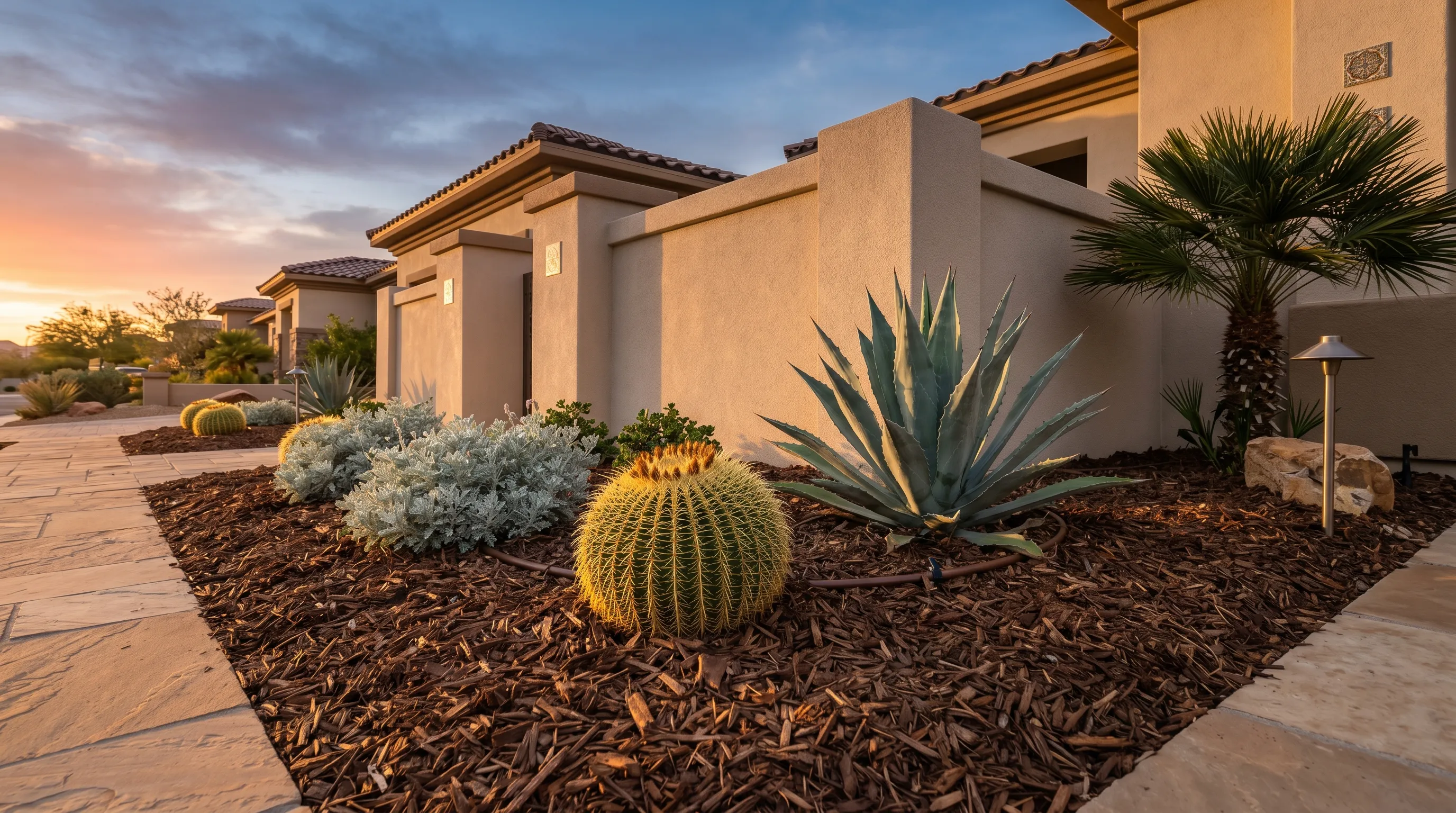 dark brown organic mulch ground cover in upscale las vegas xeriscape front yard