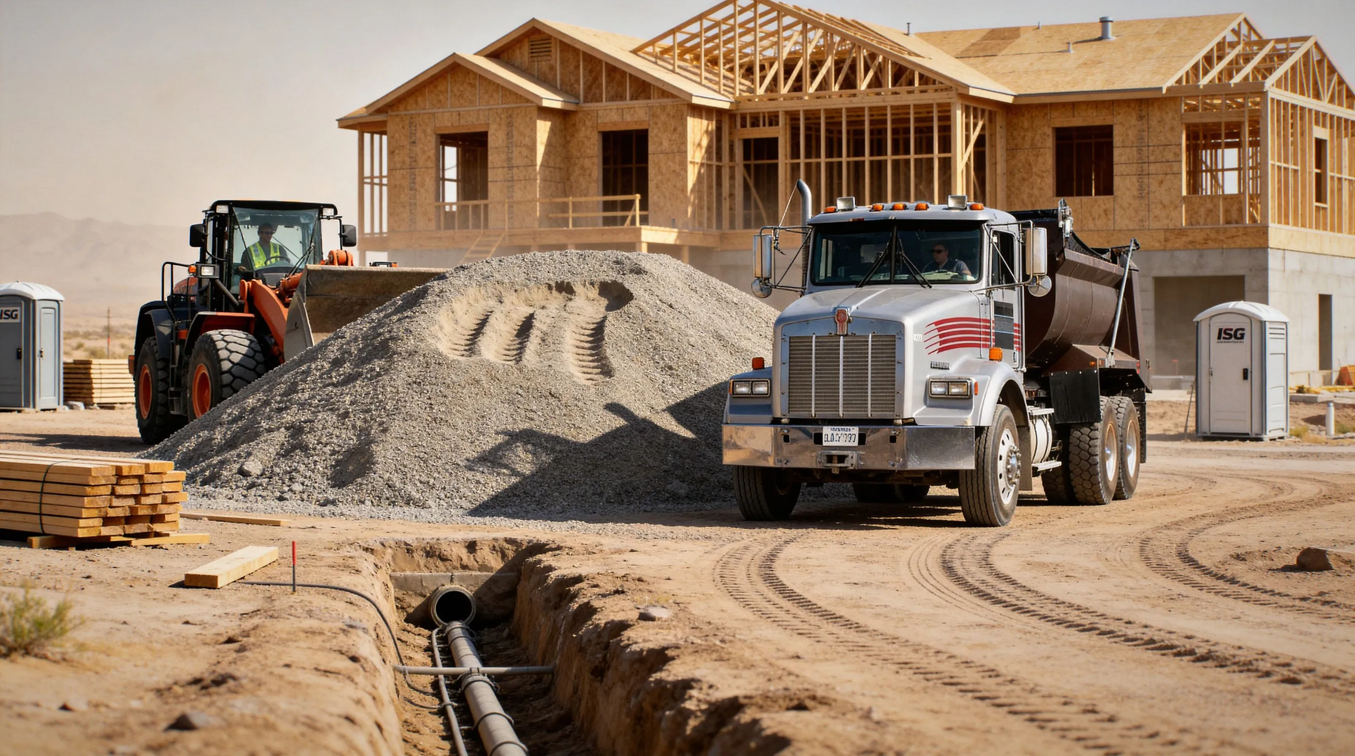 active new residential construction site in north las vegas with dump truck framing crew and sheep range mountains