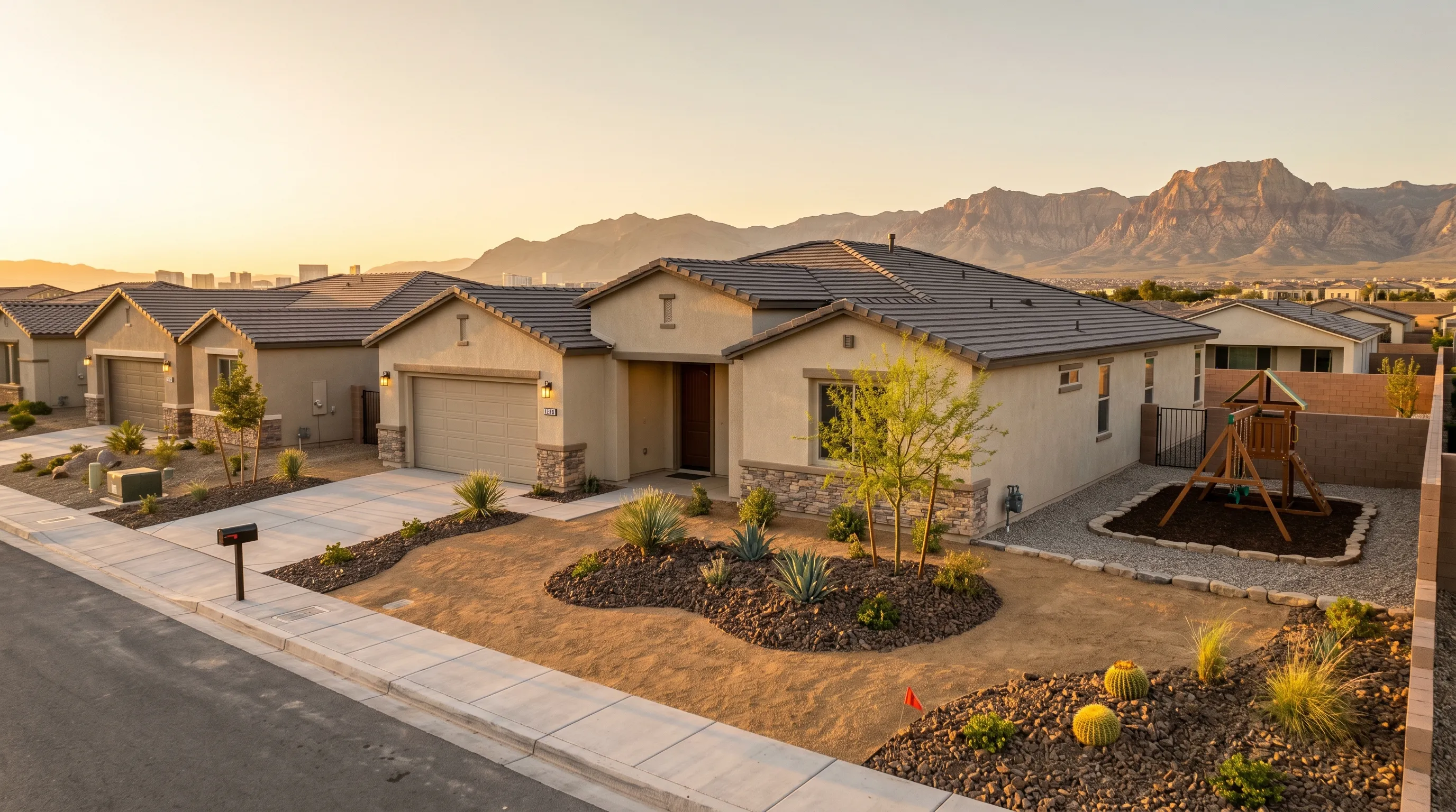finished xeriscape front yard at a new-build home in southwest las vegas mountain's edge with decomposed granite and spring mountains at golden hour