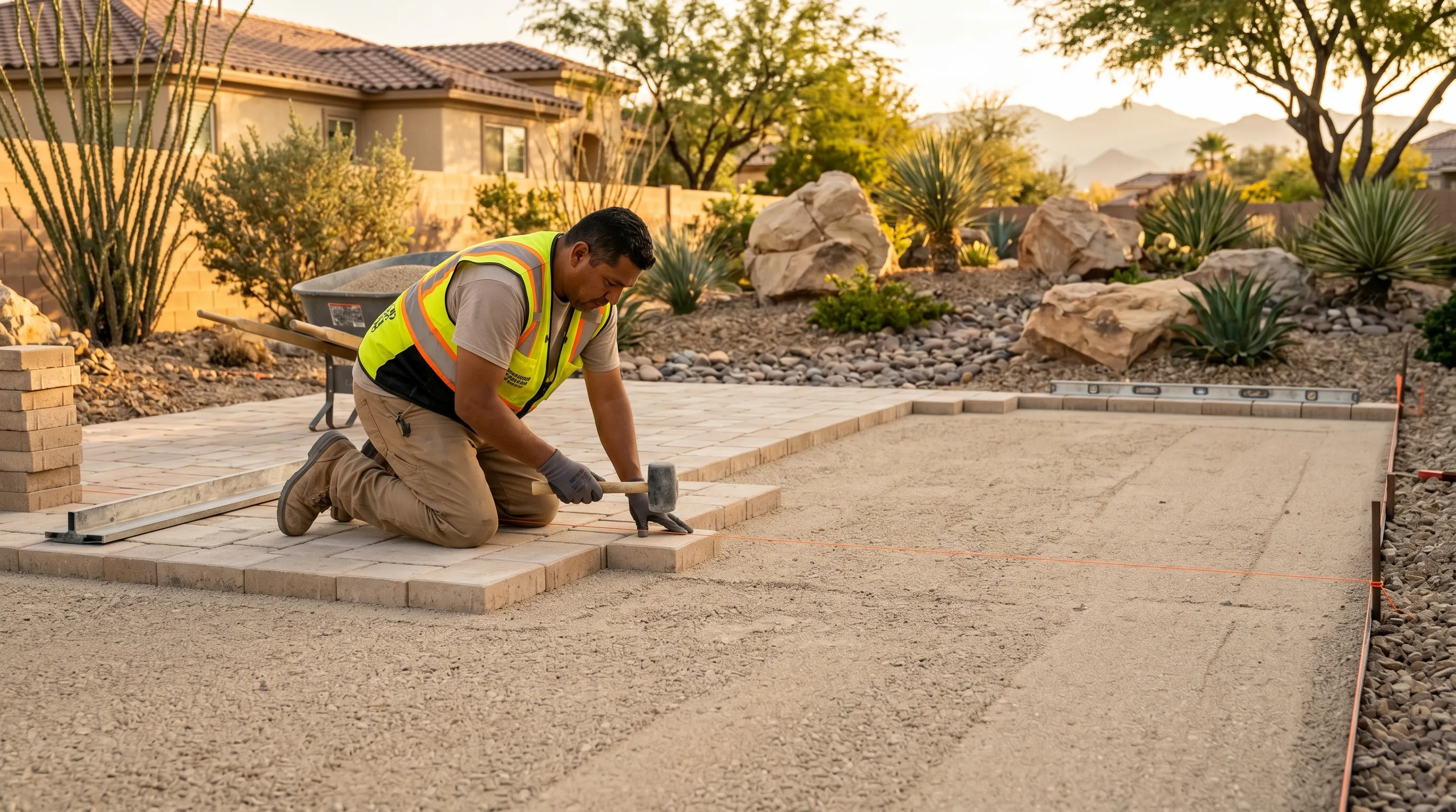 paver patio installation in progress with screeded paver base and first paver courses being set las vegas xeriscape backyard