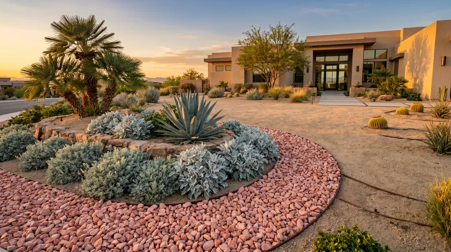 pink rose rock accent border around planter bed las vegas upscale home