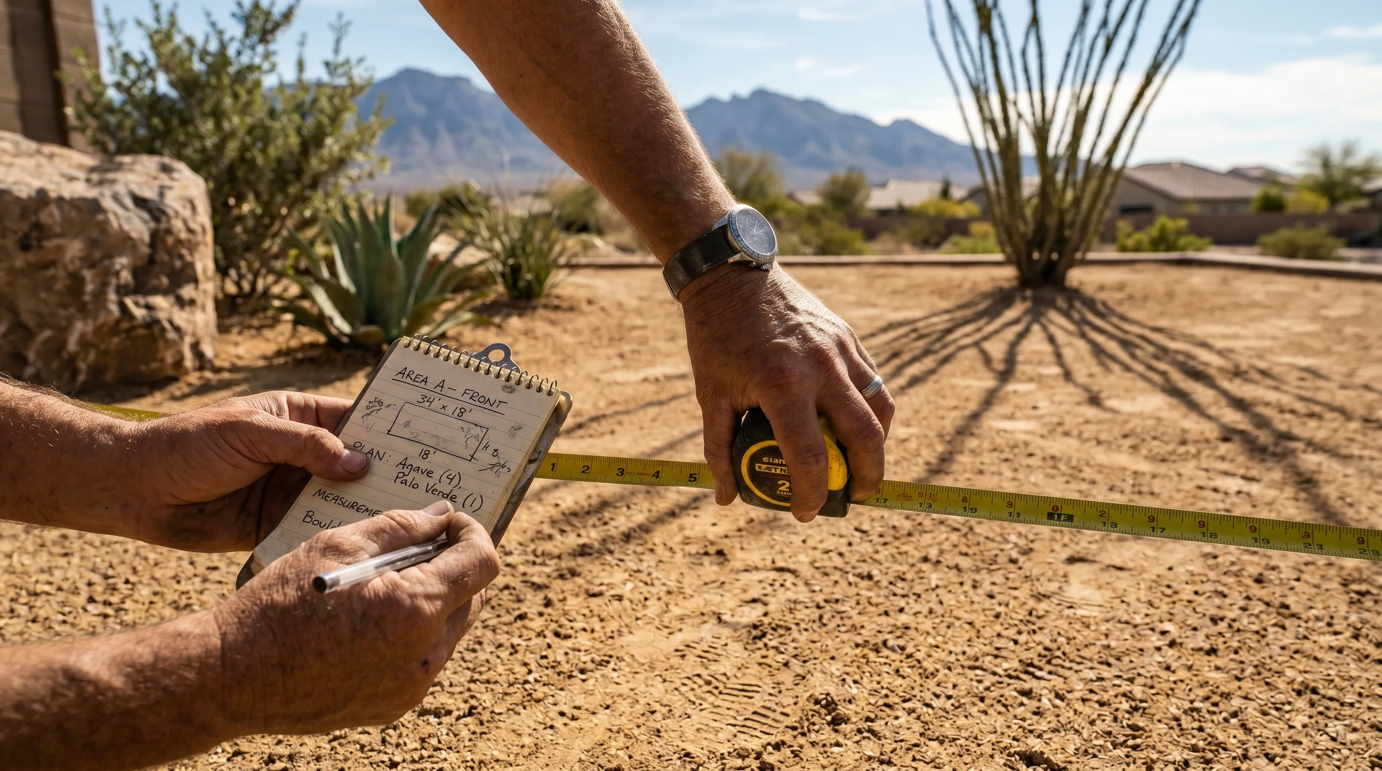 hands measuring a xeriscape project area in las vegas with yellow tape measure and notebook