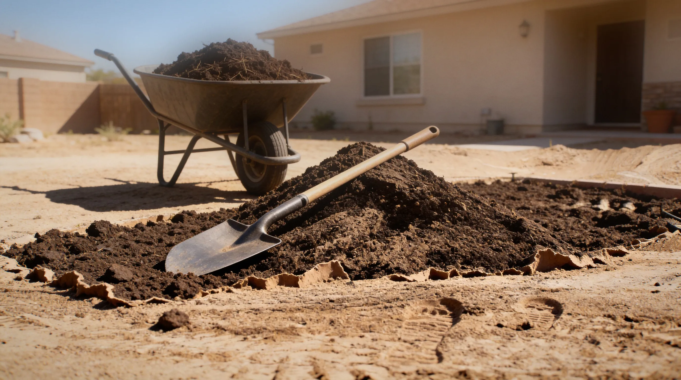 desert-ready topsoil in wheelbarrow at prepared las vegas planting bed