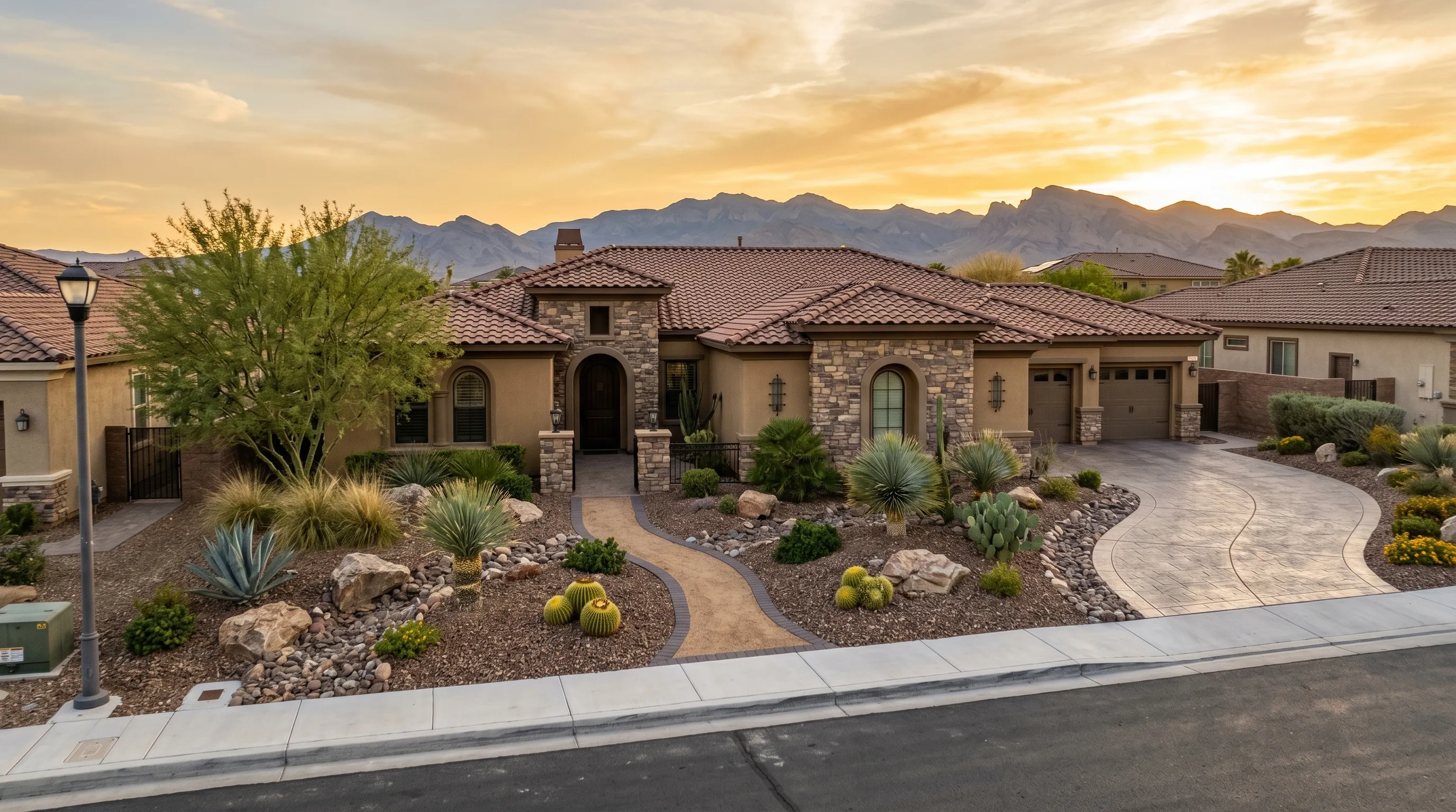 premium xeriscape front yard at a spanish-tuscan home in henderson nevada with decorative brown rock and mccullough range at golden hour