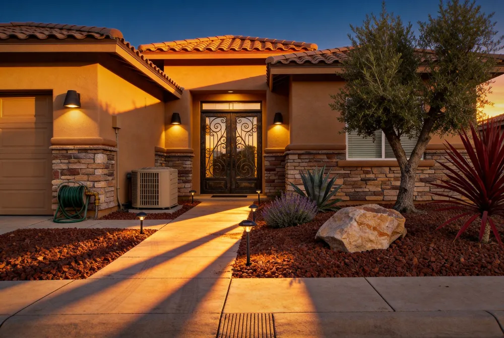 hoa-compliant xeriscape yard in henderson with brown decorative rock desert plants and stucco home