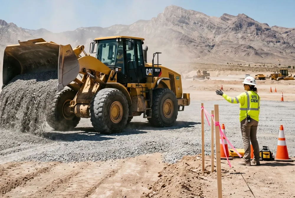 triaxle dump truck unloading type ii base aggregate at north las vegas apex commercial site with wheel loader