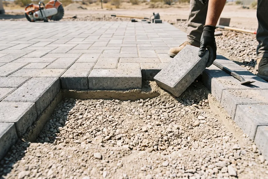 paver patio layer cut-away showing base aggregate bedding sand and paver las vegas
