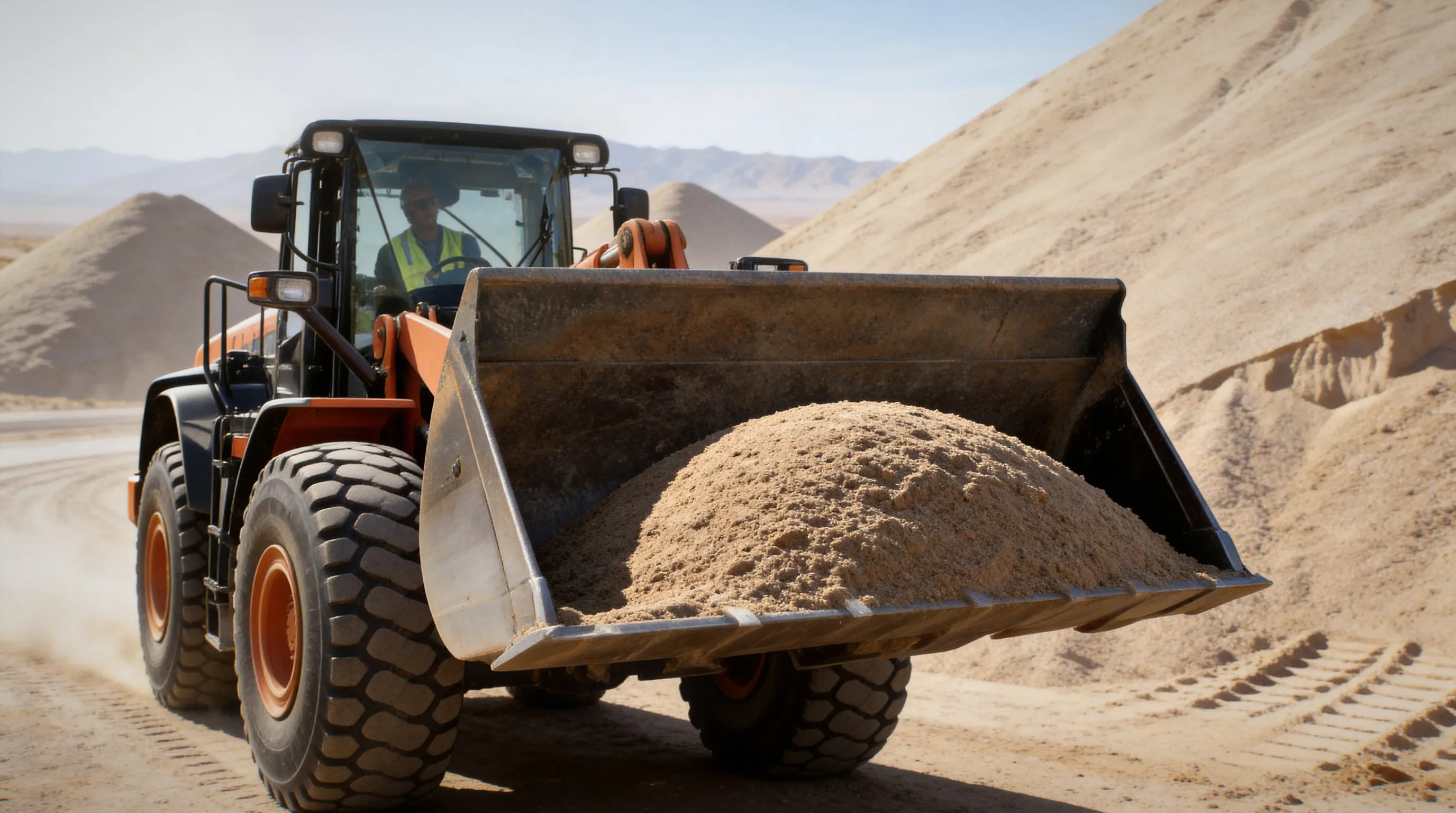 washed concrete sand stockpile with wheel loader at las vegas jobsite under desert sky