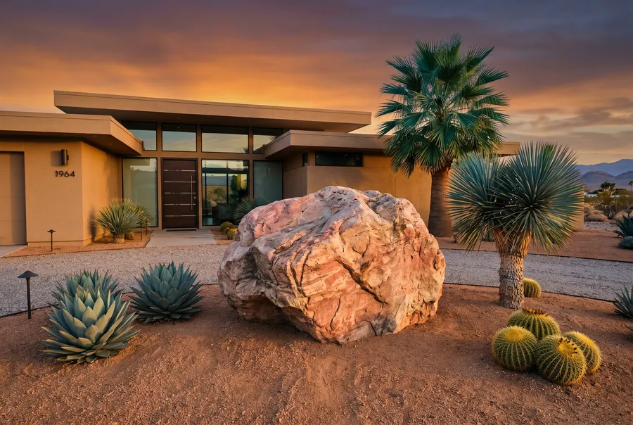 mid-century modern las vegas home with single statement boulder focal point