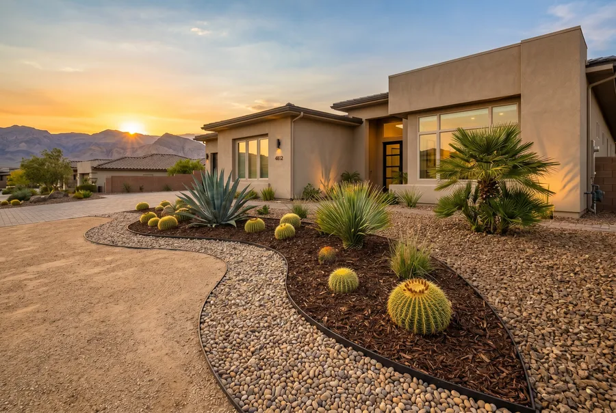mixed ground cover las vegas xeriscape front yard with rock pathway, mulch bed, and decorative rock