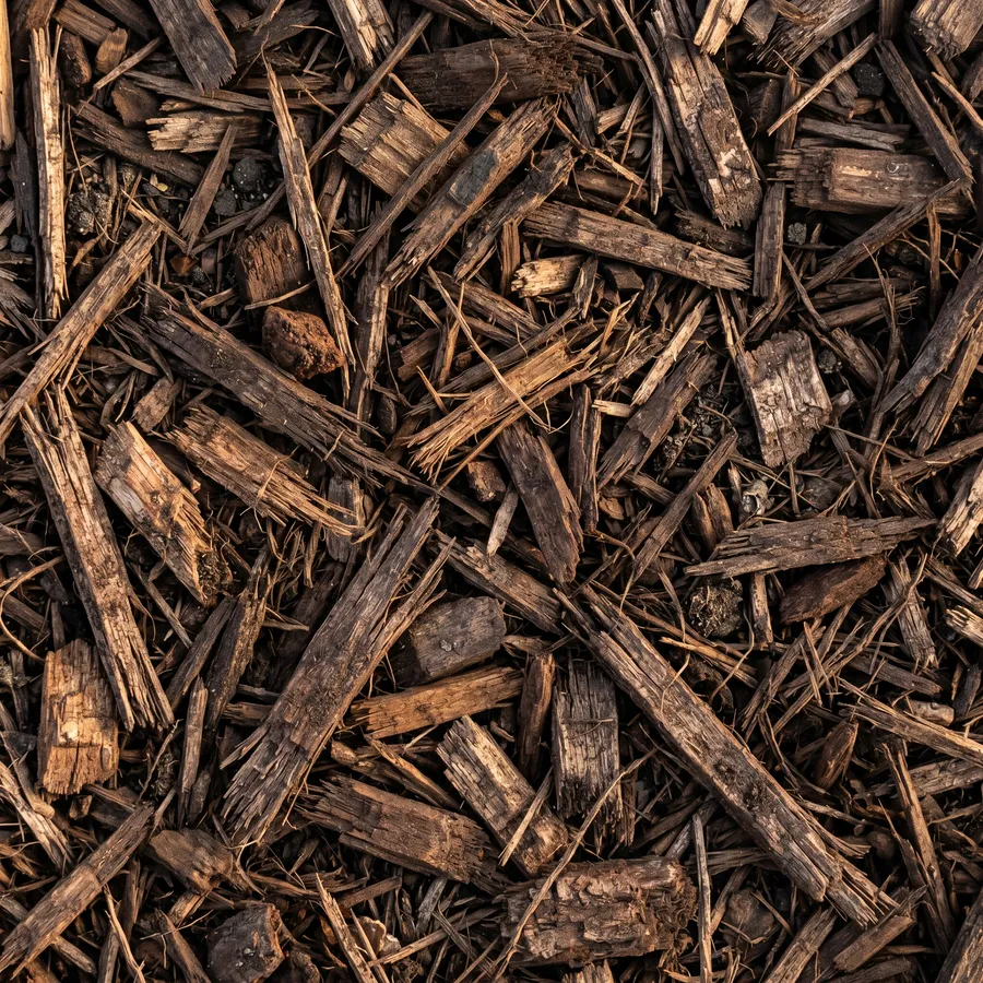 natural dark brown shredded hardwood mulch closeup texture detail