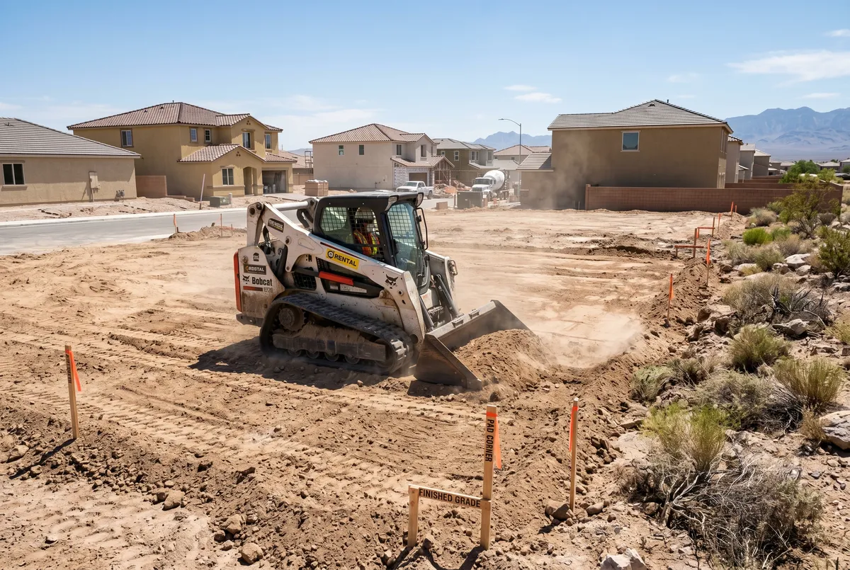 skid steer spreading fill dirt on residential house pad las vegas