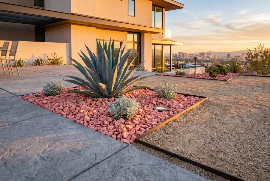 rose rock accent band between gray pavers and tan DG contemporary las vegas