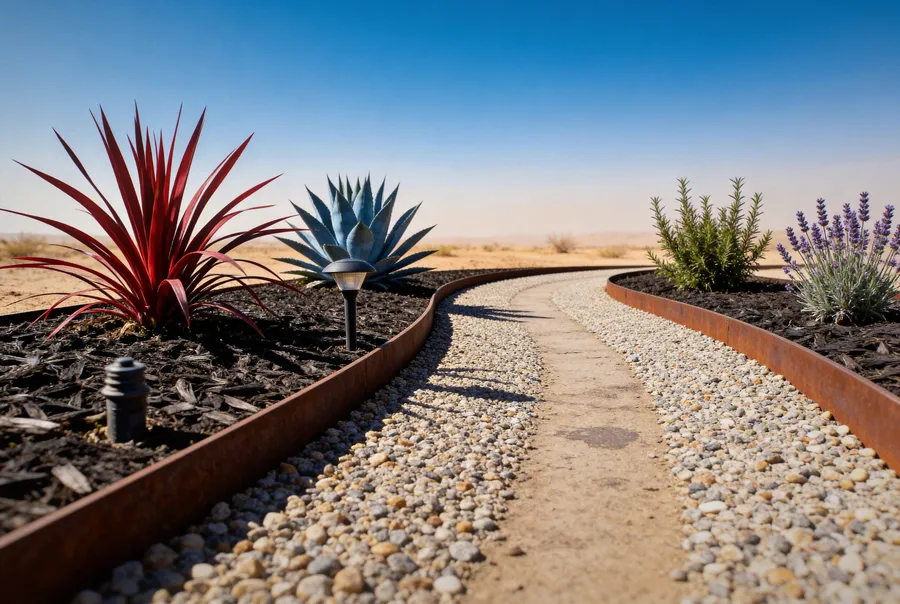 pea gravel pathway with desert plants and fan palms at upscale las vegas home