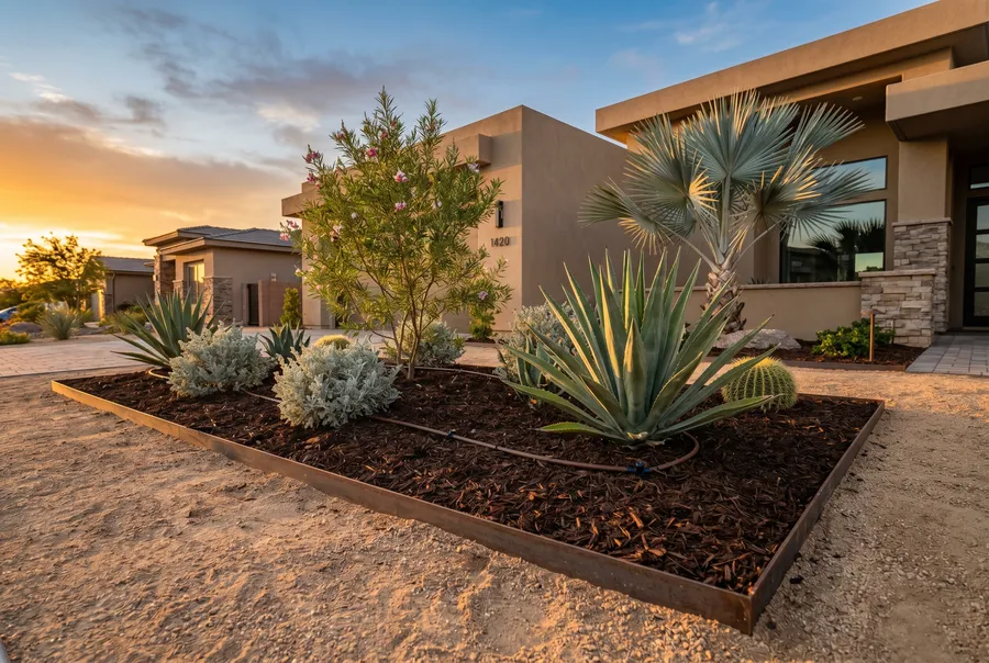 mulched planting bed with agave and flowering desert shrub in las vegas yard
