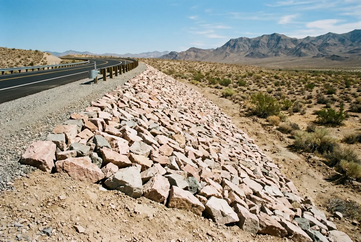 rip-rap erosion protection on highway embankment slope nevada desert