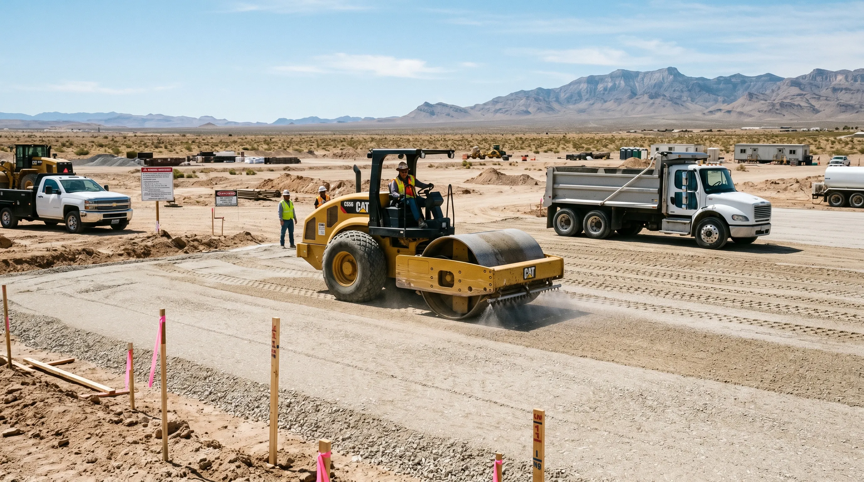 type ii aggregate base compacted by vibratory roller at las vegas jobsite with spring mountains background
