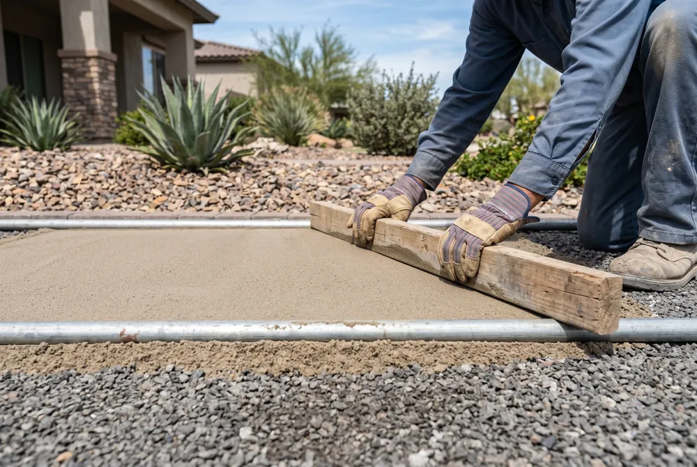 contractor screeding bedding sand flat over compacted paver base with straight 2x4 and conduit rails las vegas