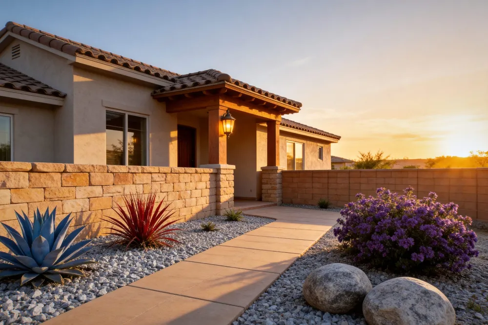 summerlin desert-modern front yard with silver frost decorative rock and specimen boulders