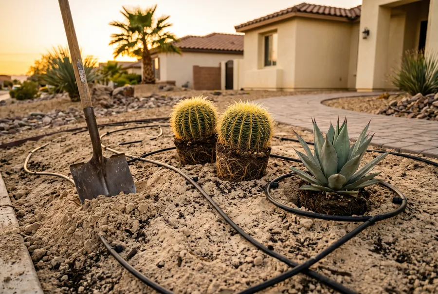 desert-amended planting soil being installed in fresh bed with drip irrigation and new xeriscape plants