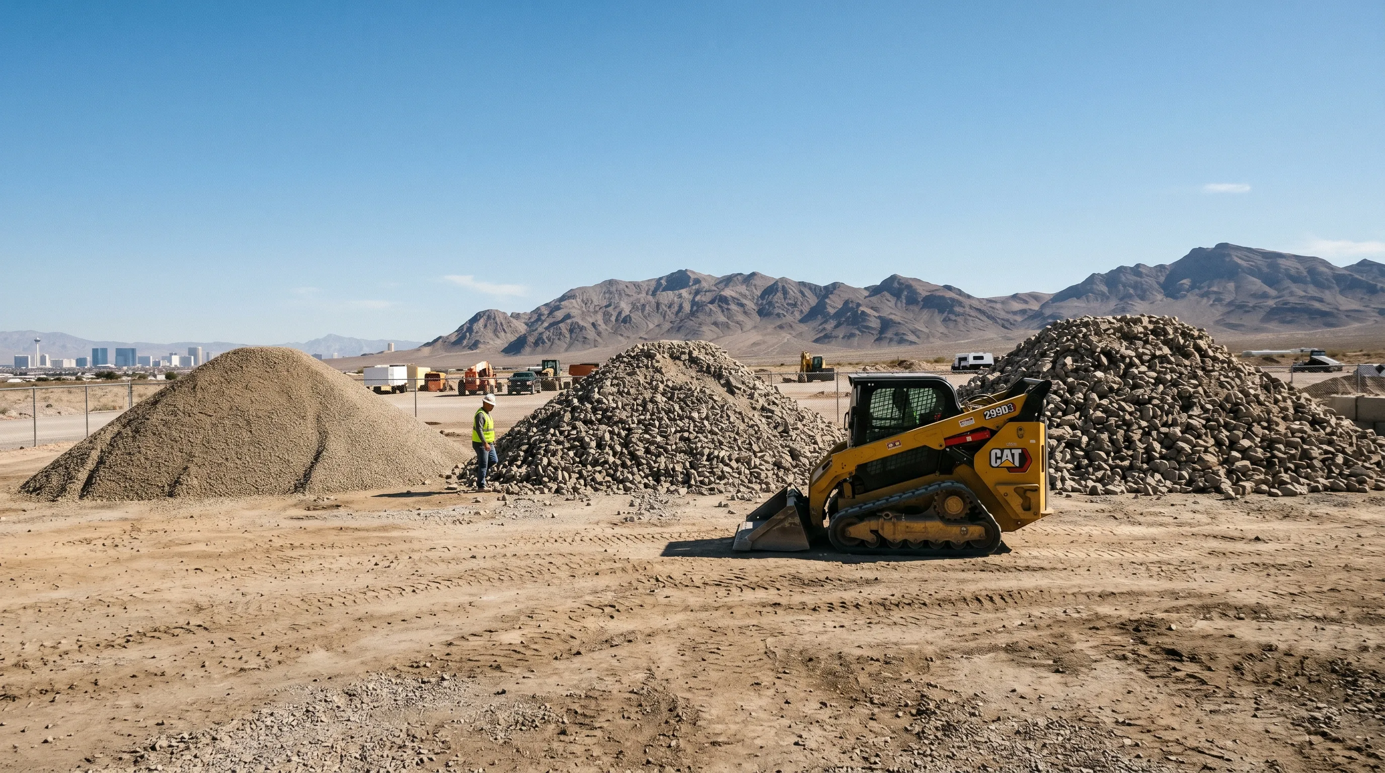 three stockpiles of screened rock at a las vegas jobsite with skid steer loader and desert mountains