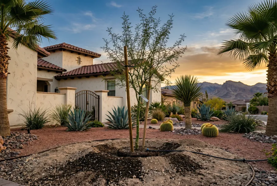 young palo verde tree being planted in desert-amended soil tuscan las vegas home