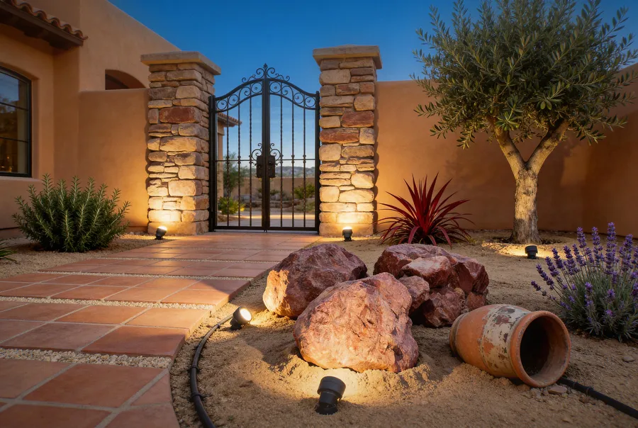tuscan-style las vegas home entry courtyard with three landscape boulders and mediterranean fan palms