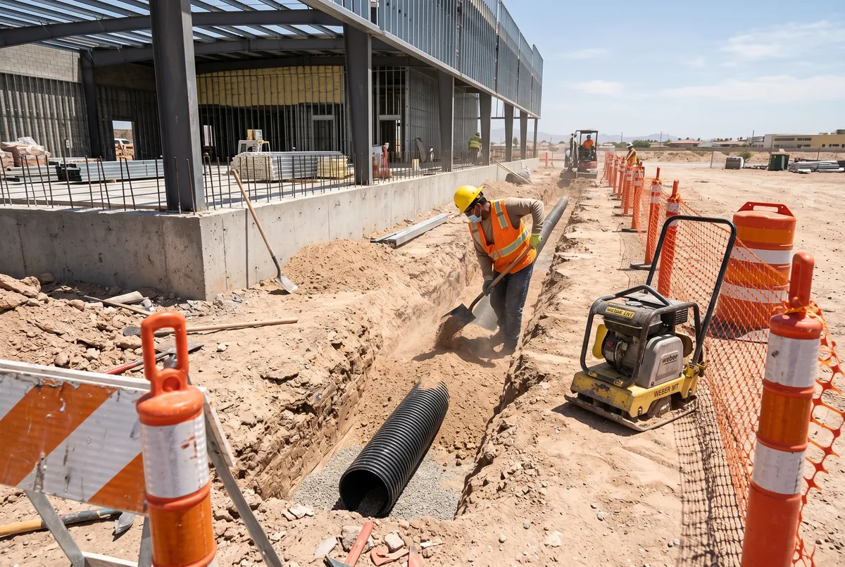 clean fill dirt backfill in utility trench with corrugated pipe las vegas commercial