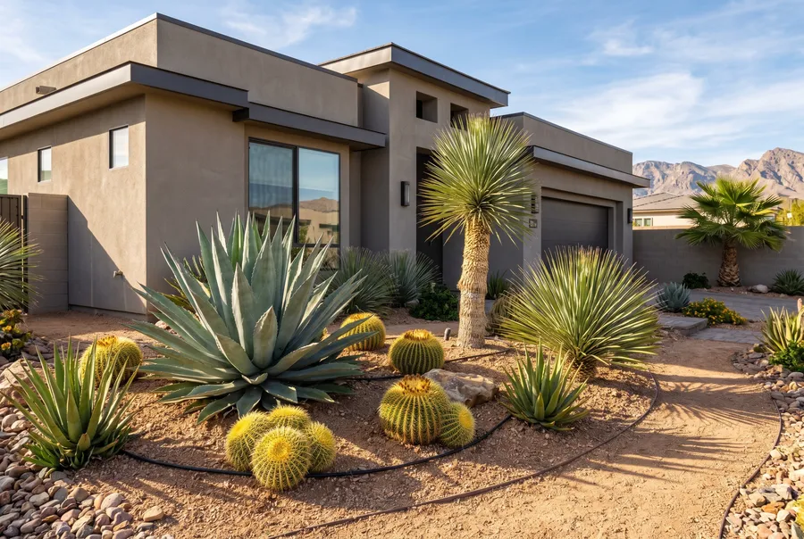 mature xeriscape plants thriving in desert-amended soil at las vegas home