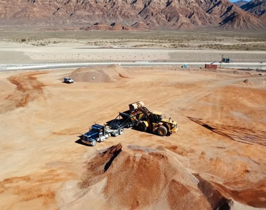 aerial view of wheel loader filling stockpile at impact sand and gravel jericho quarry in southern nevada
