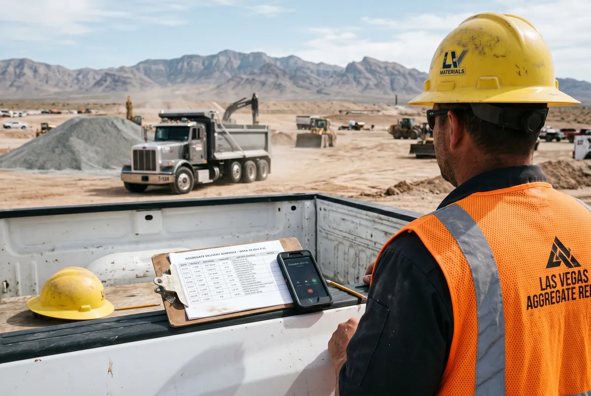 account rep clipboard with weekly tonnage delivery schedule on a commercial jobsite tailgate